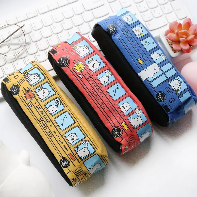 Caso Lápis de lona para Material Escolar, Papelaria Bag, Material Escolar, Ônibus, Kawaii, 1 Pc