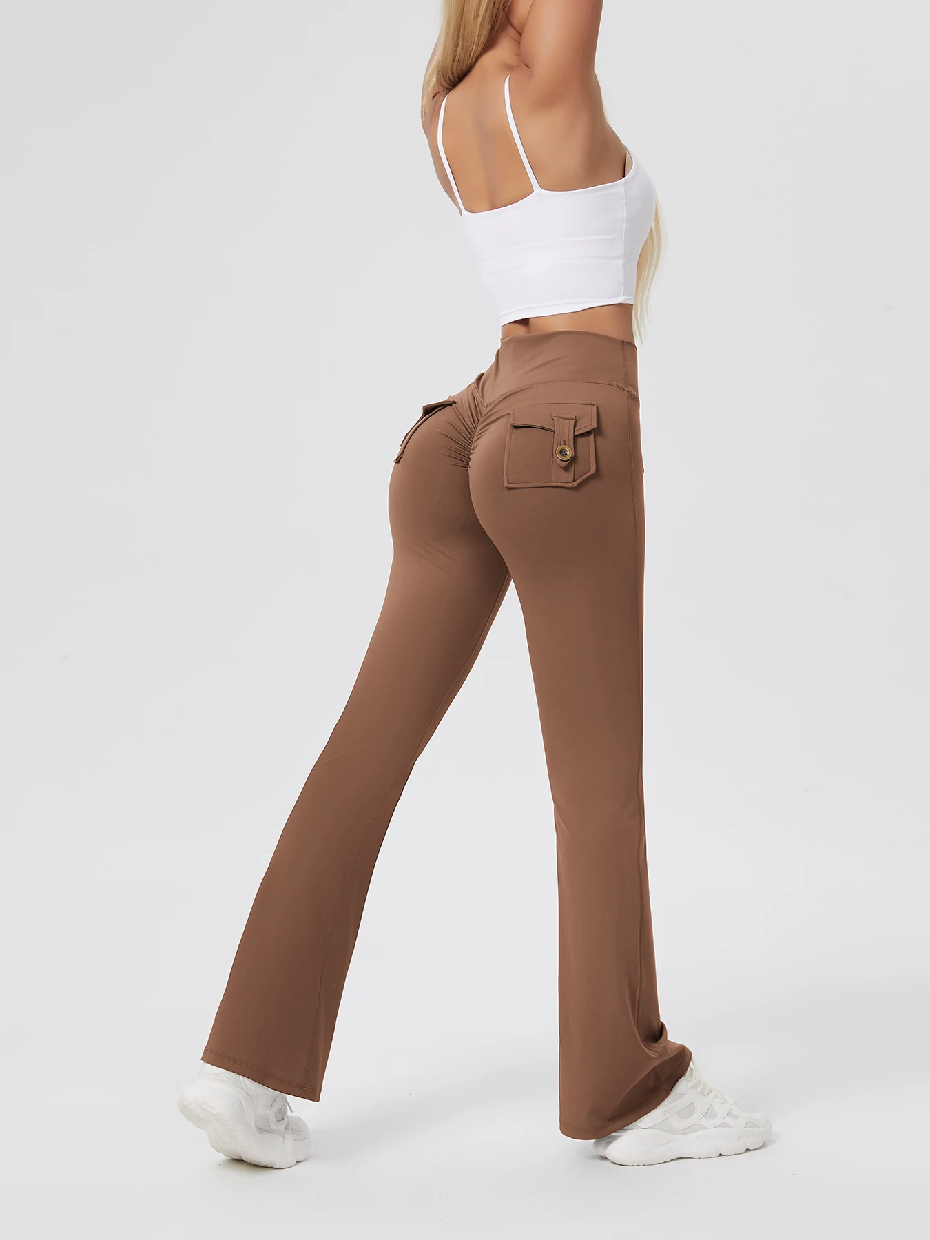 Damskie spodnie fitness z wysokim stanem i kieszeniami Spodnie do jogi Brzoskwiniowe legginsy treningowe Skinny Button Pocket Fitness Legginsy