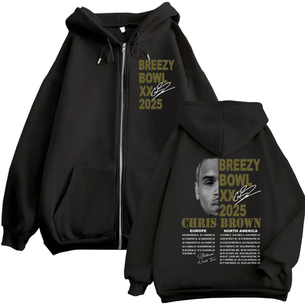 

Rapper Chris Brown Breezy Bowl XX Tour 2025 Zipper Hoodie Men Women Hip Hop Vintage Zip Up Sweatshirts Fashion Casual Pullovers