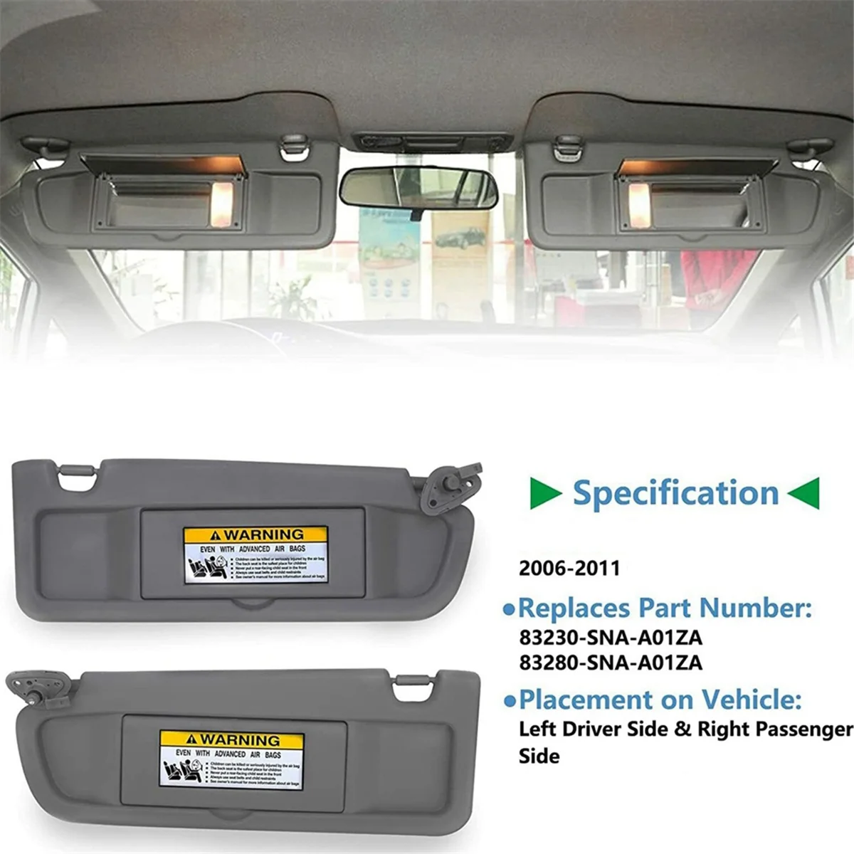 Car Front Sun Visor Without Light Front Left+Front Right for 2006-2011 Honda Civic 83230-SNA-A01ZA / 83280-SNA-A01ZA