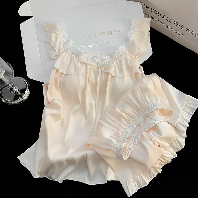 ElyraLux الصيف رقيقة ثوب نوم حرير الجليد المرأة ملابس المنزل مع وسادة الصدر الثابتة حزام مثير الأزهار حافة الجنية نمط ثوب النوم