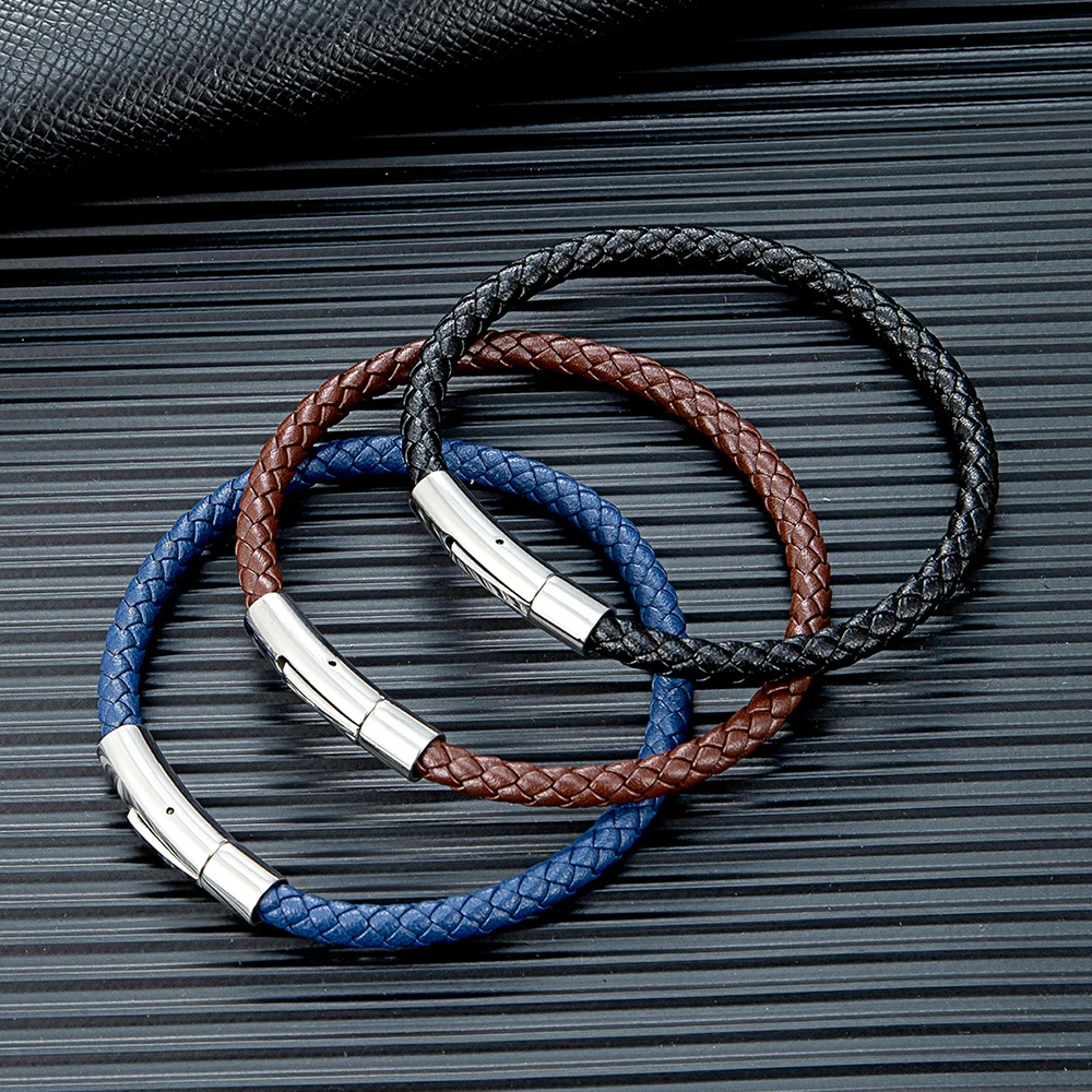 MKENDN Classic Simple Blue Braided Leather Bracelet Bangle Stainless Steel Magnetic Buckle Jewelry For Men Women Couple