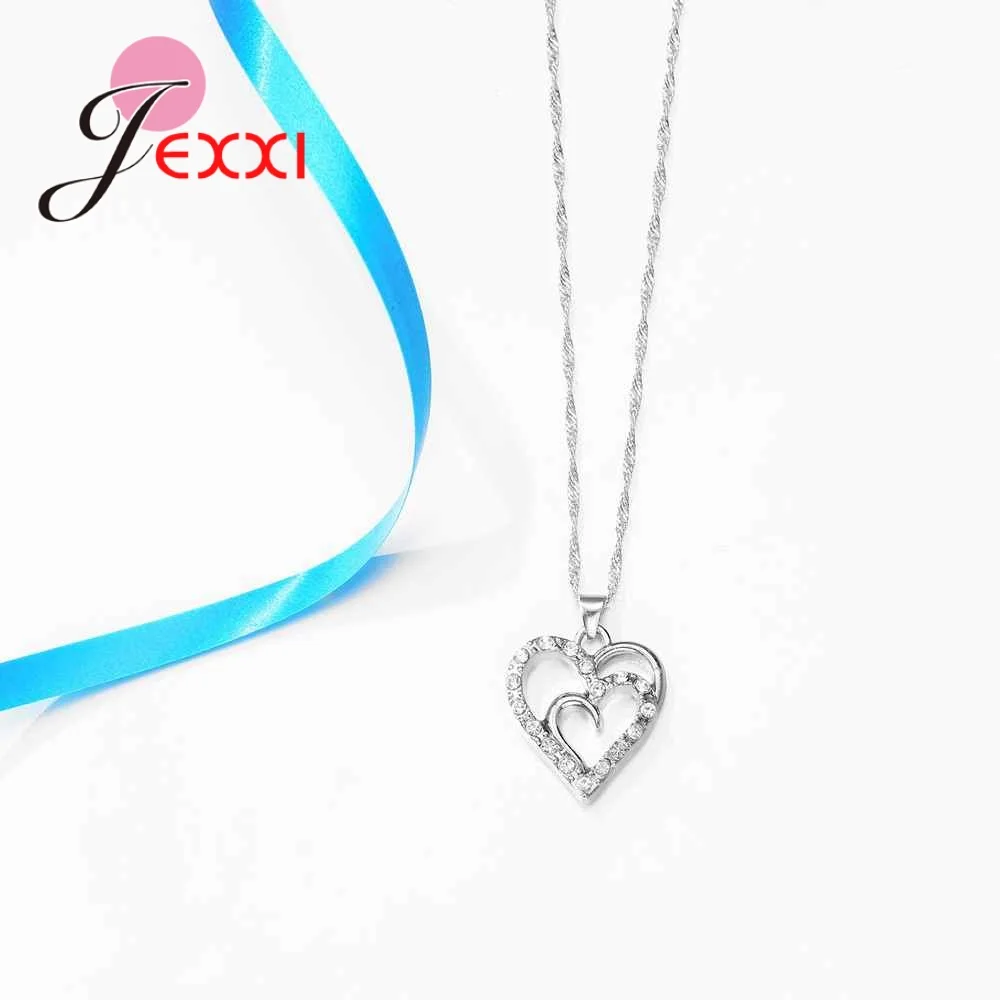 Sweet Double Love Heart 925 Sterling Silver Color Trendy Necklace Earring Exquisite Women Wedding Nice Jewelry Sets Accessory