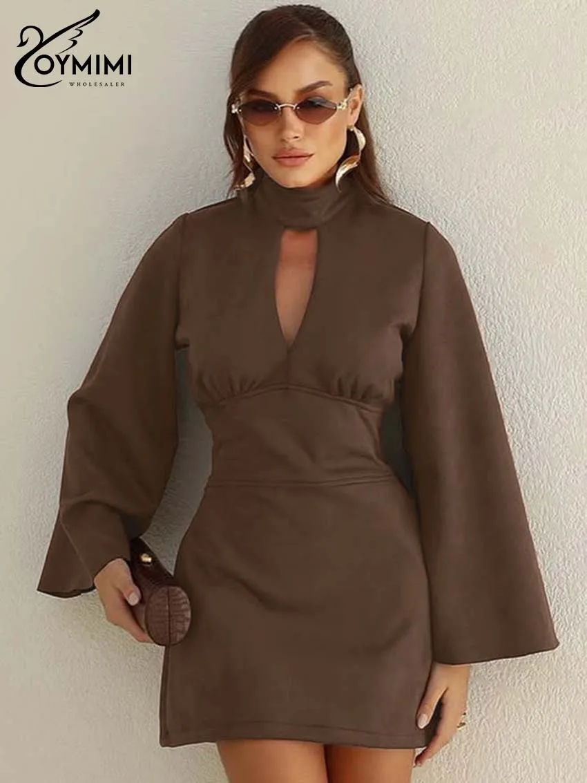 

Oymimi Women's Chocolate Brown Dress 2026 Spring Mock Neck Cutout Bell Sleeve Open Back Tie Waist Mini Dress Party Chic Outfit