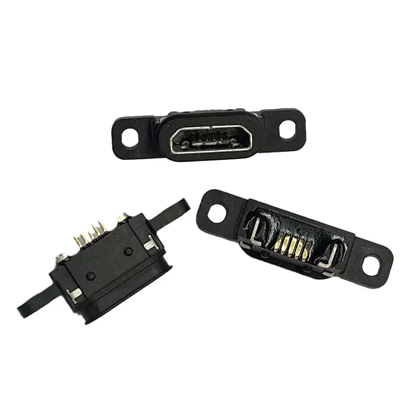 2 قطعة مايكرو USB 5pin شحن مقبس متفرع حوض ميناء 5P IP67 موصل سالب مقاوم للماء مع ثقب المسمار