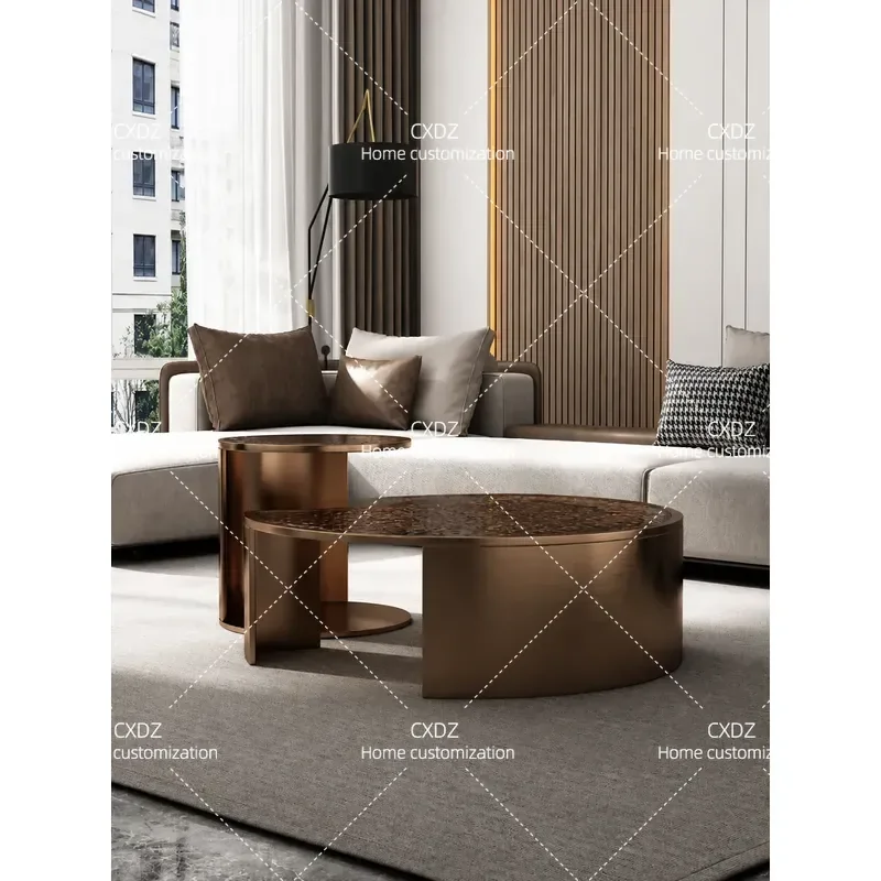 Minimalist Stainless Steel Round Coffee Table with Tempered Glass Water Ripple Top Light Luxury Wabi Sabi Style Living Room