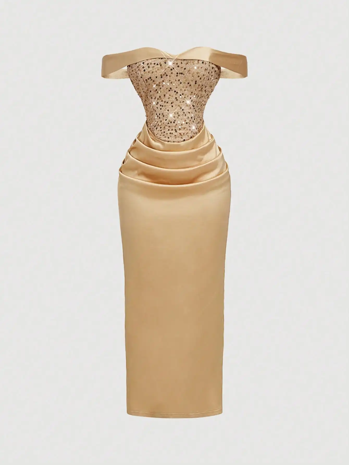 Champagne Sequin Off-Shoulder Ruched Midi Dress