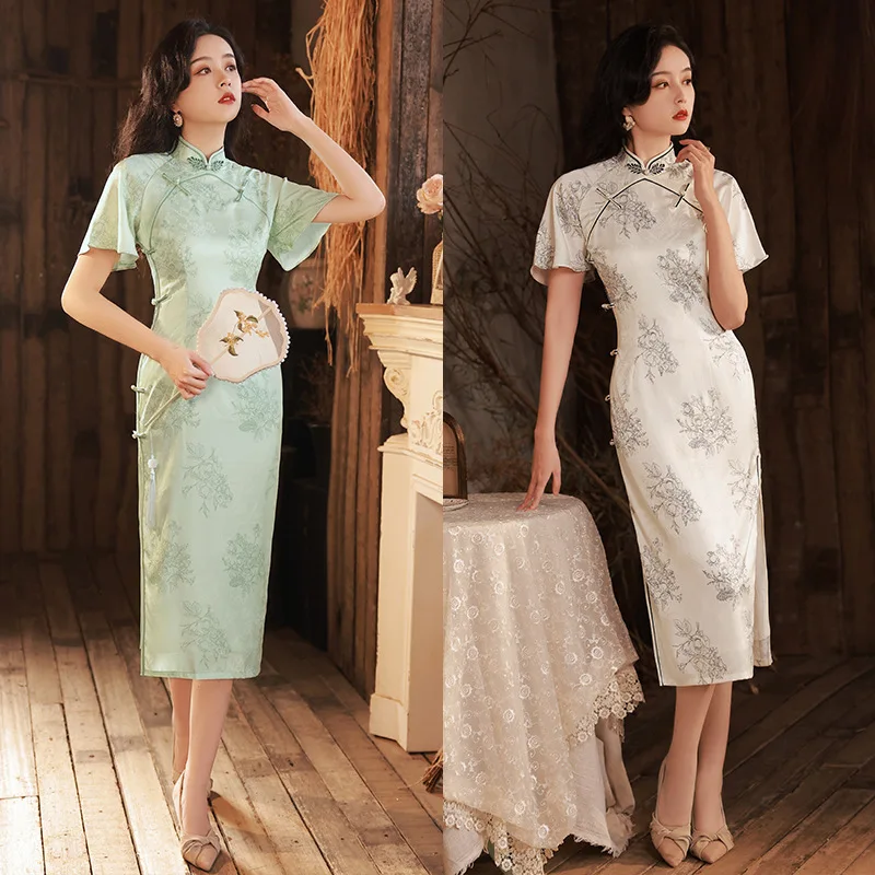 Qipao Meisjes Vintage Elegante Slanke Chinese Stijl Zachte Groene Witte Bloem Gedrukt Dagelijks Jurk Vrouwen Sexy Kostuum Retro Cheongsam