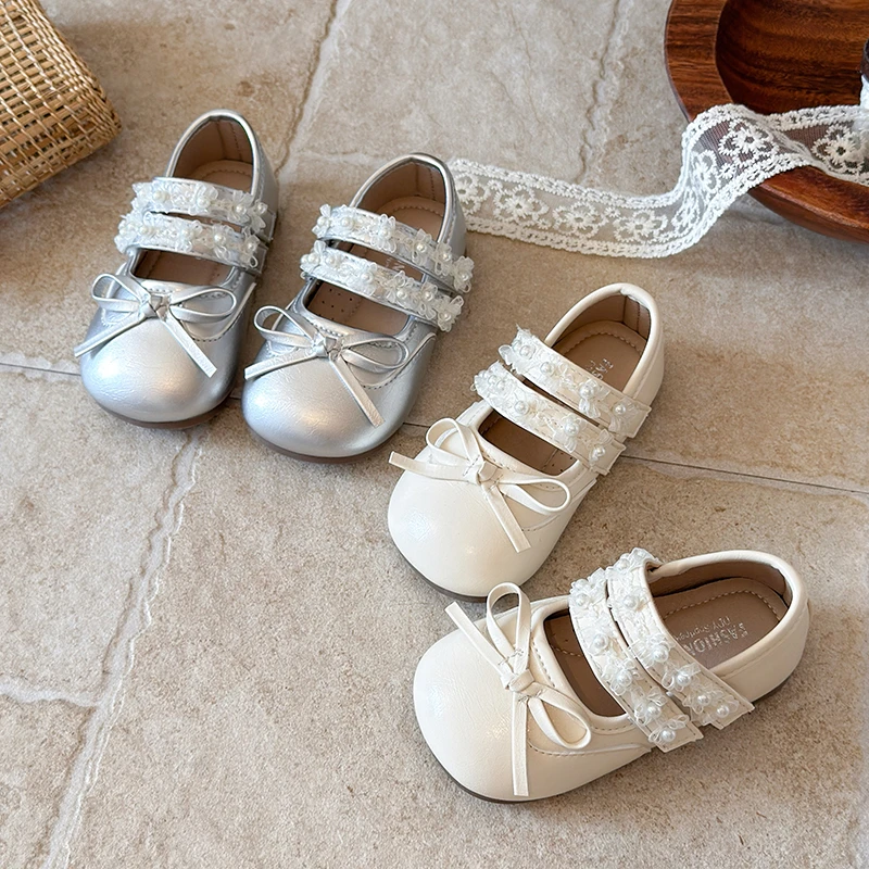 Kid's Shoes Girls' Lightweight Leather Shoes Korean Style Pearl Bowknot Decor Shallow Mouth Princess Anti-slip Children's Shoes