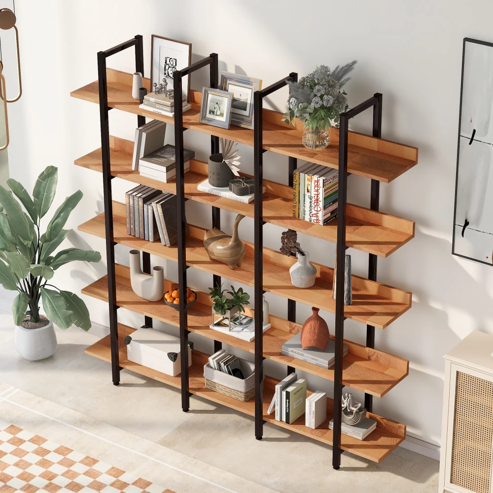 5 Tier Bookcase Home Office Open Bookshelf  Vintage Industrial Style Shelf Black Metal Frame Brown Bookshelf Storage