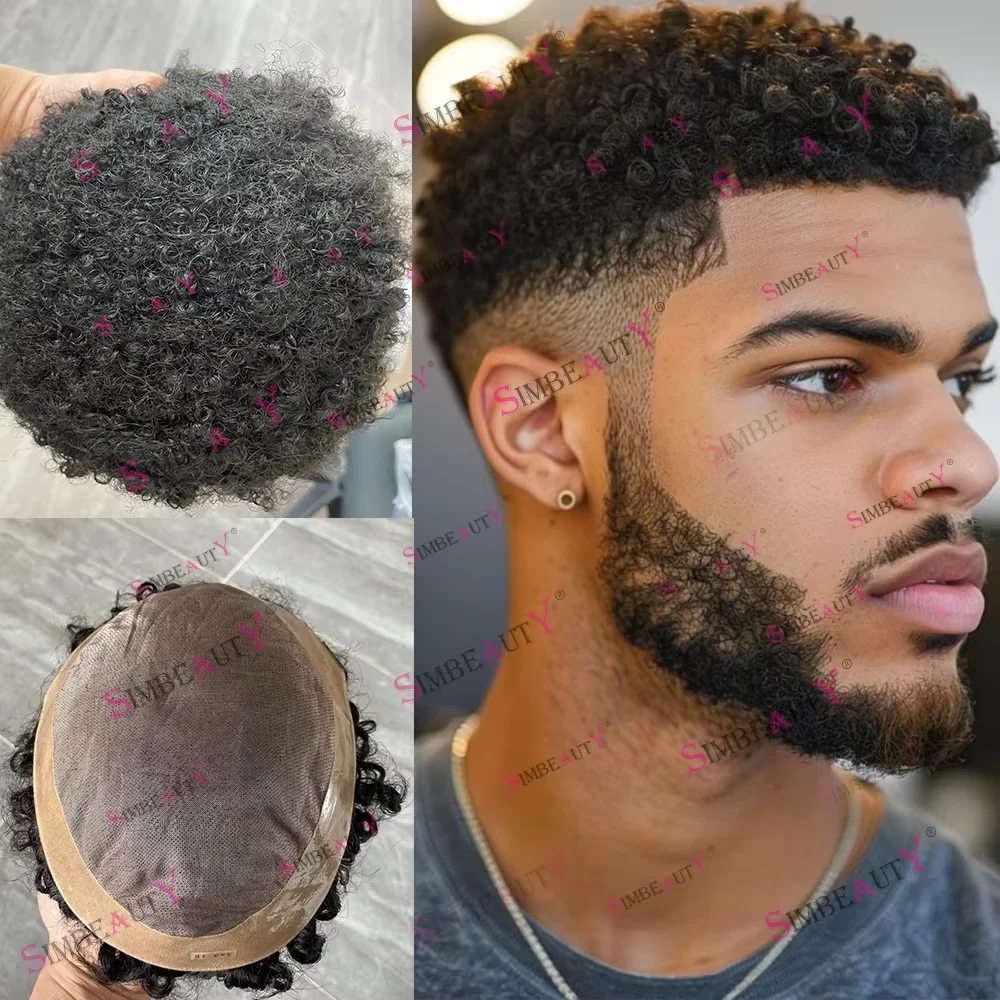 

Мужской парик-накладка 8 мм из 100% натуральных волос, система замещения волос для мужчин, кудрявые пряди, дышащая моно-основа и NPU-протез для волос