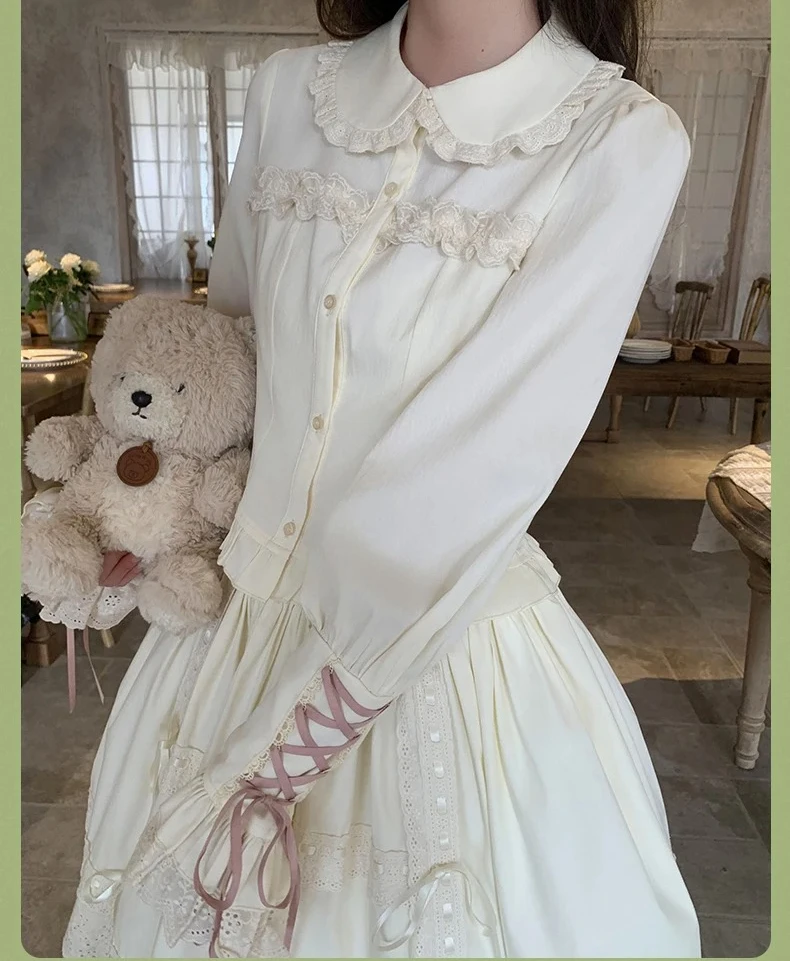 

Japanese Harajuku Lolita Long-sleeved Shirt Peter Pan Leader Mouth Lace Strap Long-sleeved Inner Top Autumn and Winter Women