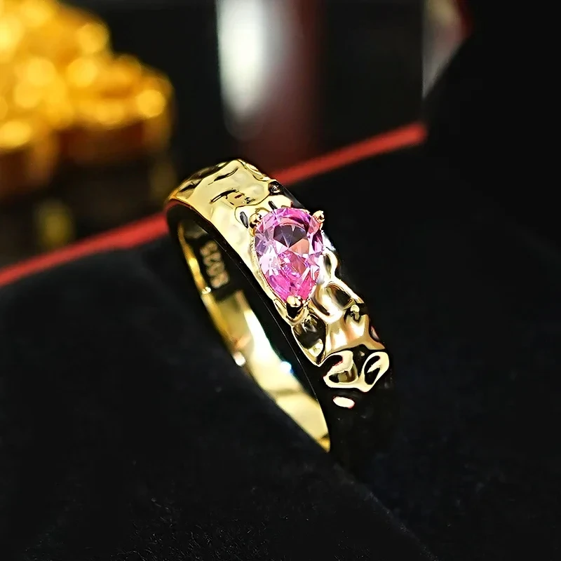 New pink artificial sapphire ring with droplet shaped 925 silver gold-plated water wave texture, niche retro style wedding gift