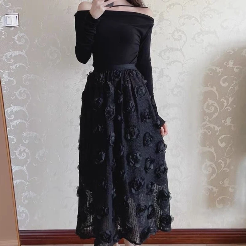 Elegant Design 3D Flower Tulle Skirt Women Korean Empire High Waist Elastic Lace Mesh A Line Midi Skirt Summer Vintage 43906