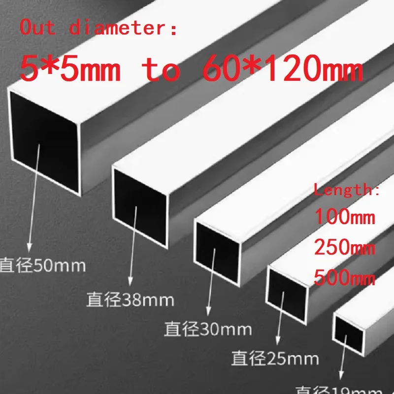1PC 304 Stainless Steel Alloy Square Tube Rectangular Pipe Hollow Rod Small Large 5x5mm to 60x120mm Length 100 250 500mm