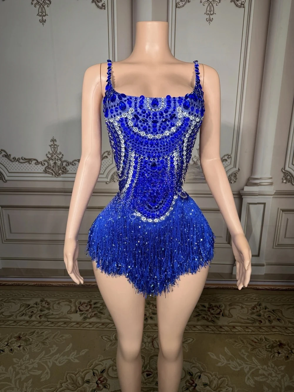 ブルーラインストーンタッセルボディスーツ女性のセクシーなショーパフォーマンスダンス衣装ナイトクラブ衣装歌手ダンサーステージ着用