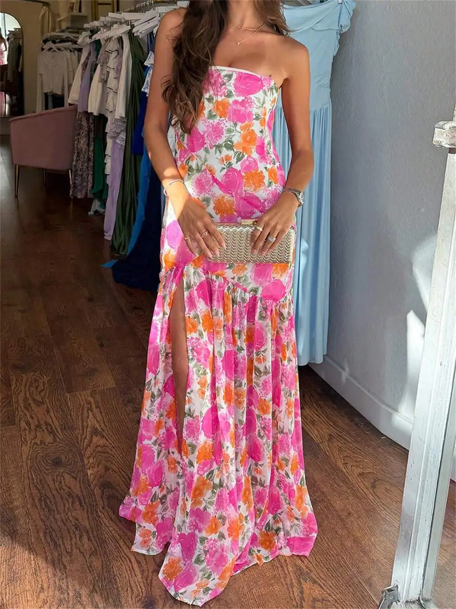 

Womens Strapless Floral Boho Maxi Dress Sleeveless High Slit Ruffle Hem Summer Beach Vacation Wedding Guest