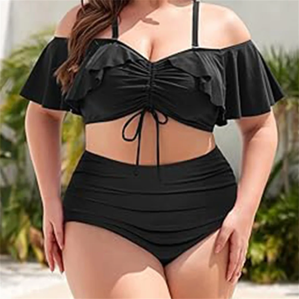 

2024 Women's fashion beach vacation seaside casual sexy lotus sleeve plus size swimsuit sexy bikini high waist solid color separ