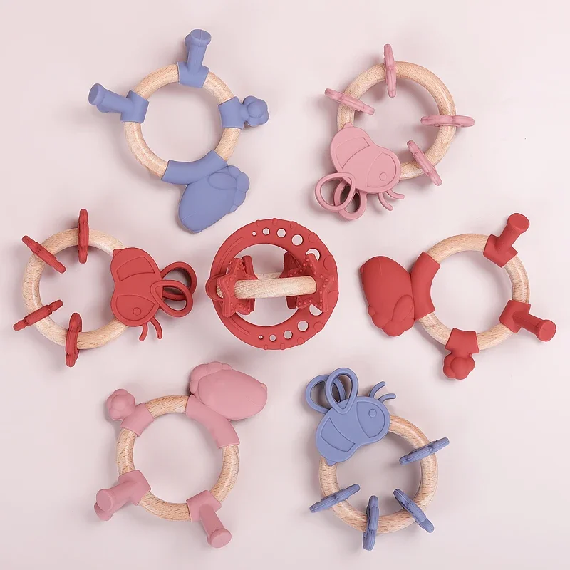 Anneau de dentition en silicone et bois pour bébé, jouet avec logo personnalisé, nouvelles couleurs