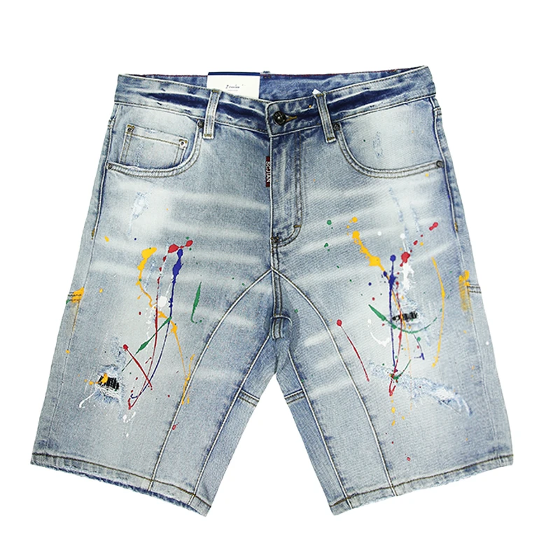

JXN1013 Men's denim straight loose shorts summer casual thin section inkjet casual five trousers Korean version of the breeches