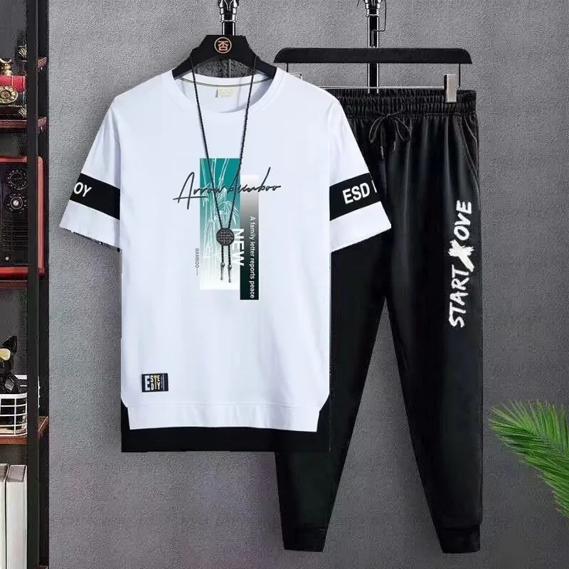 Casual Set for Men Student Youth Summer Sports Long Pants Two Piece Men\'s Thin Trendy Short Sleeve T-shirt Foreign Trade