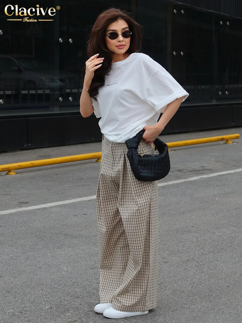 Clacive Fashion Loose Plaid Print Women's Pants 2025 Casual High Waist Wide Trousers Elegant Classic Pants Female Clothing
