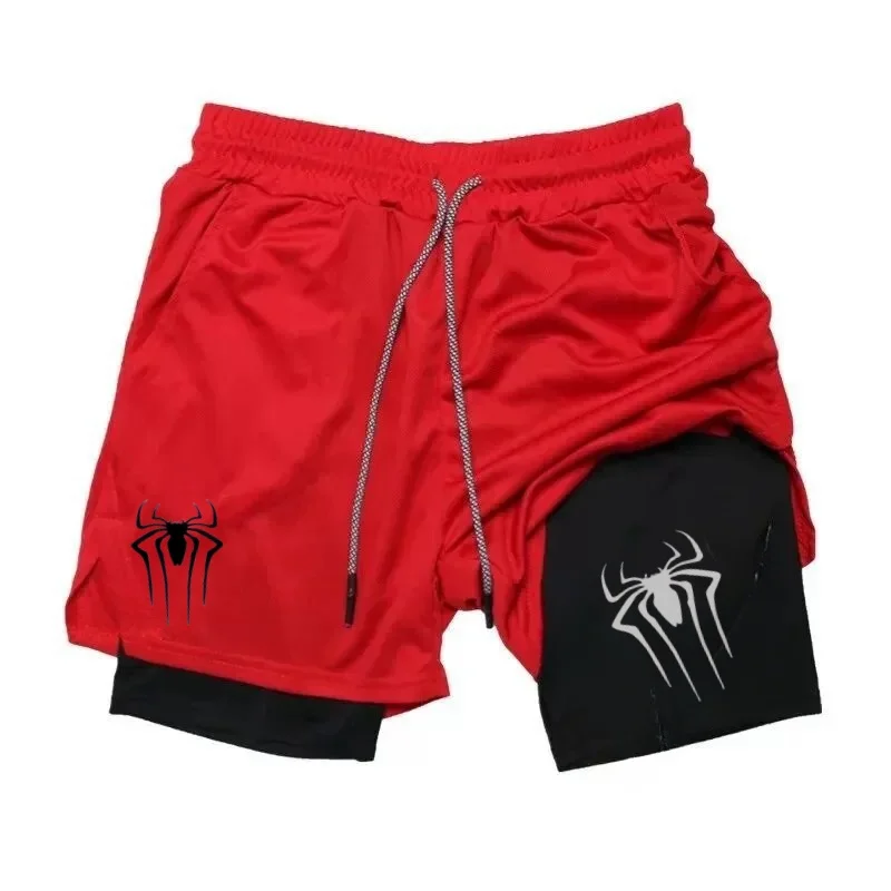 2024 New Spider Logo Men's Two-in-One Sports Shorts Running Quick-Drying Shorts Gym Fitness Training Double Layer