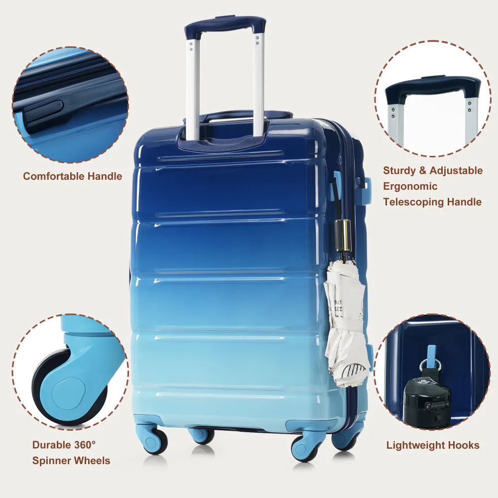 Conjunto de bagagem de 3 20 polegadas com porta USB Bagagem de mão com certificação de companhia aérea ABS + PC Hard Shell Bagagem Spinner Wheels Gradiente Azul