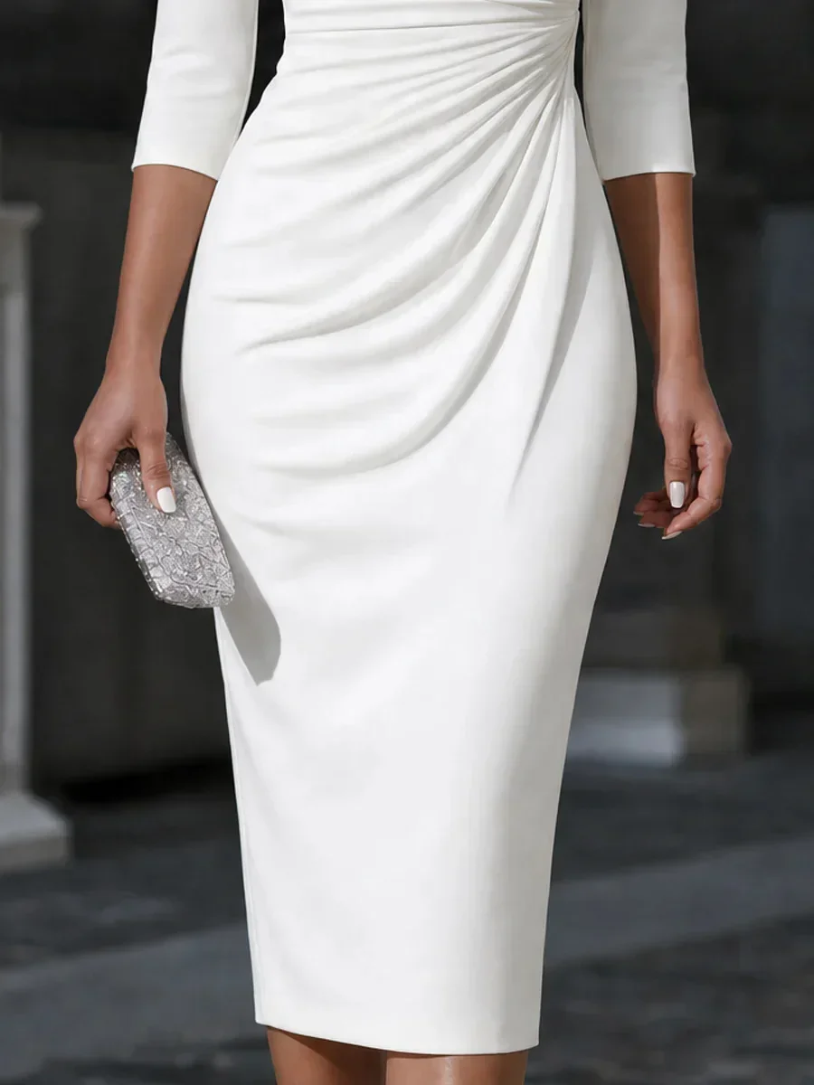 Damen Off-Shoulder Dreiviertelärmel Midi-Bleistiftkleid mit seitlicher Raffung, schmal geschnitten, formelles Outfit für Hochzeitsgäste – Detail 4