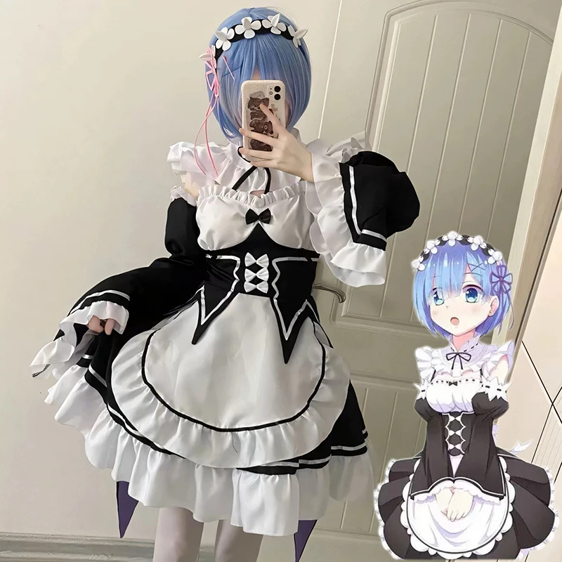 

Anime Ram Rem Lolita Maid Cosplay Costumes Vestido Re:Zero Kara Hajimeru Isekai Seikatsu Halloween Party Costume For Women Dress