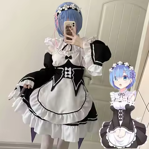 Anime Ram Rem Lolita Maid Cosplay Costumes Vestido Re:Zero Kara Hajimeru Isekai Seikatsu Halloween Party Costume For Women Dress