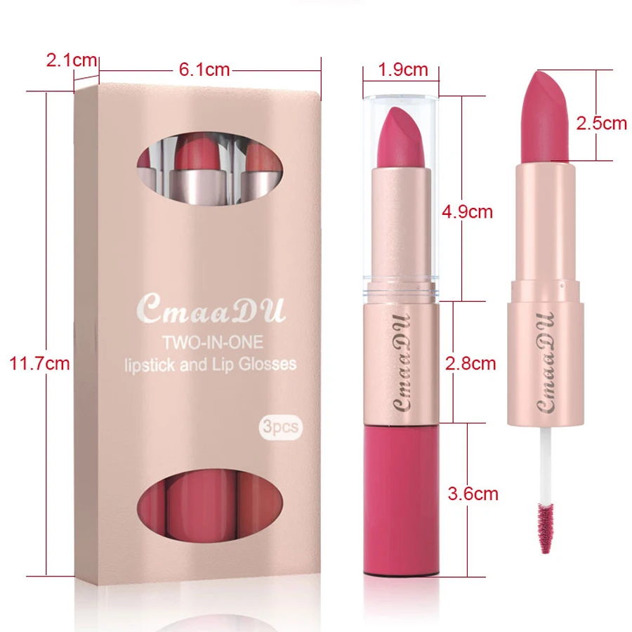3-Pcs Long Lasting Velvet Matte Lipstick Double Head Lip Gloss Non-stick Cup Lip Gloss Tint Plumper Waterproof Lipstick Makeup