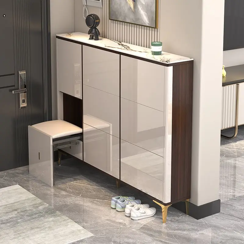 

Light luxury ultra-thin tipping bucket shoe cabinet, enter the door against the wall, narrow side shoe cabinet integrated door,