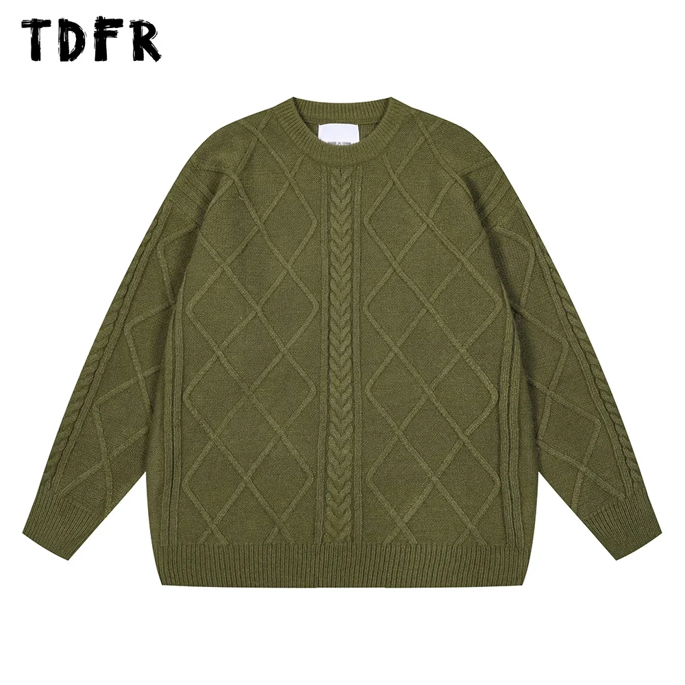 Solid Color Cable Sweater Mens Autumn Winter Retro Streetwear Loose Long Sleeve Crew Neck Knitted Pullover Men