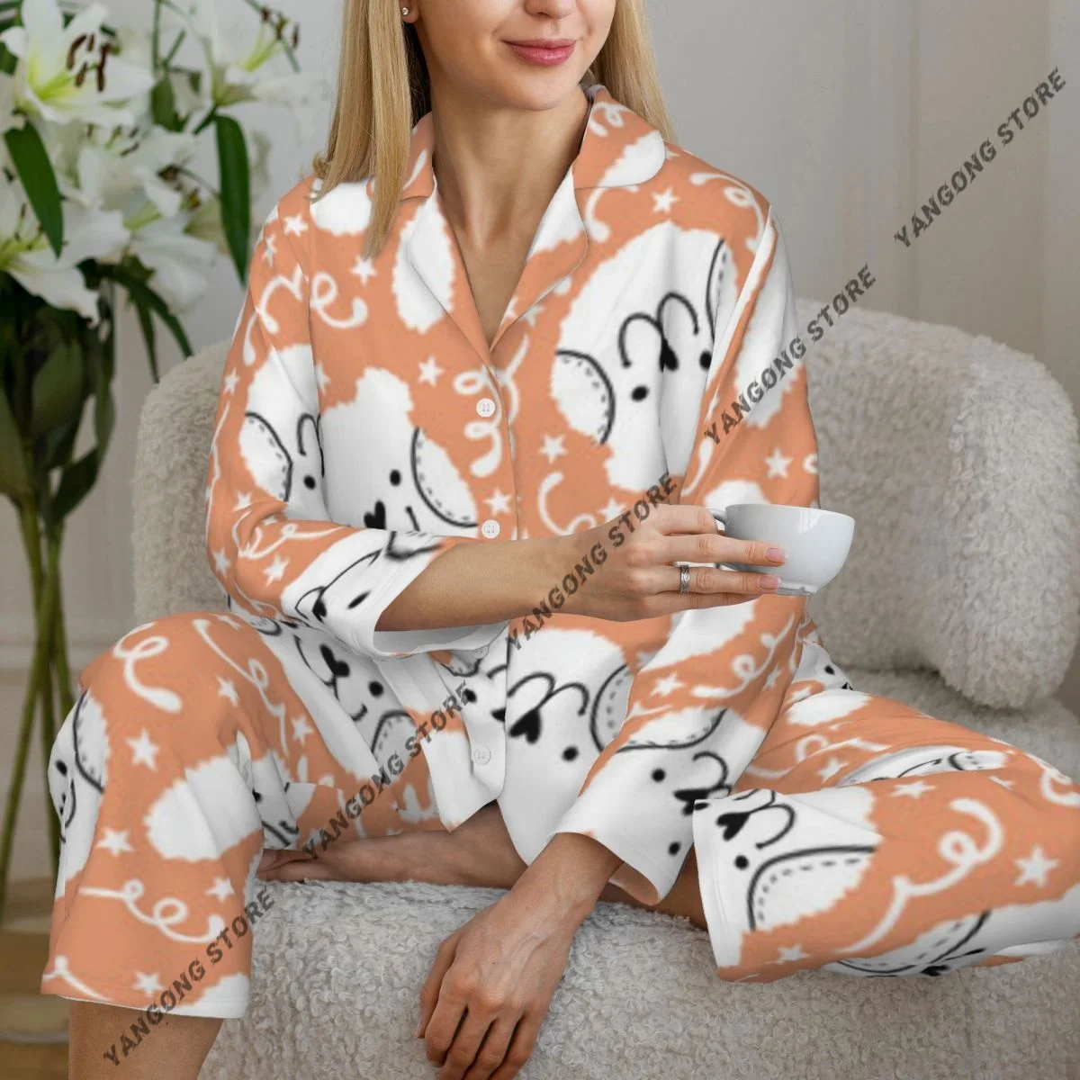 Spring and Autumn Long Sleeve Pants Pajamas Loungewear Set Cartoon Rabbit And Bear Pattern Women's Pull Edge Loose Sleeping Suit