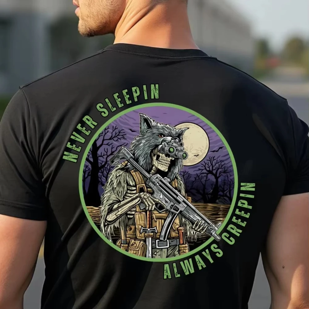 

Tactical Operator T-Shirt Men Skull with Night Vision Goggles & Wolf Pelt Short Sleeve Cotton Tops Summer Casual Men‘s T Shirt