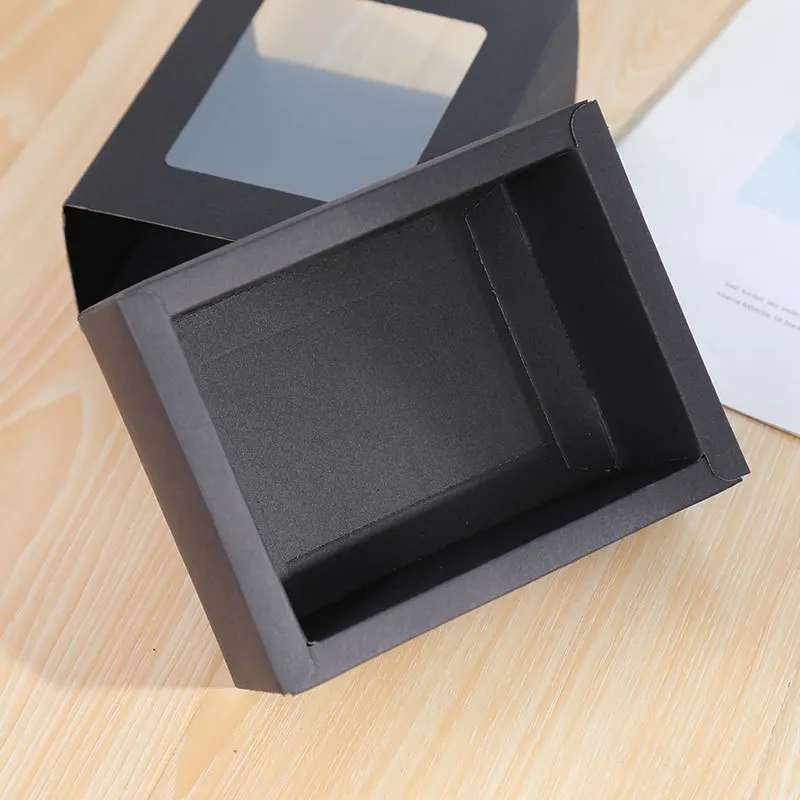 100Pcs/Lot Black Cardboard Boxes Drawer Slide Packaging Box With PVC Clear Window DIY Gift Box Wholesale