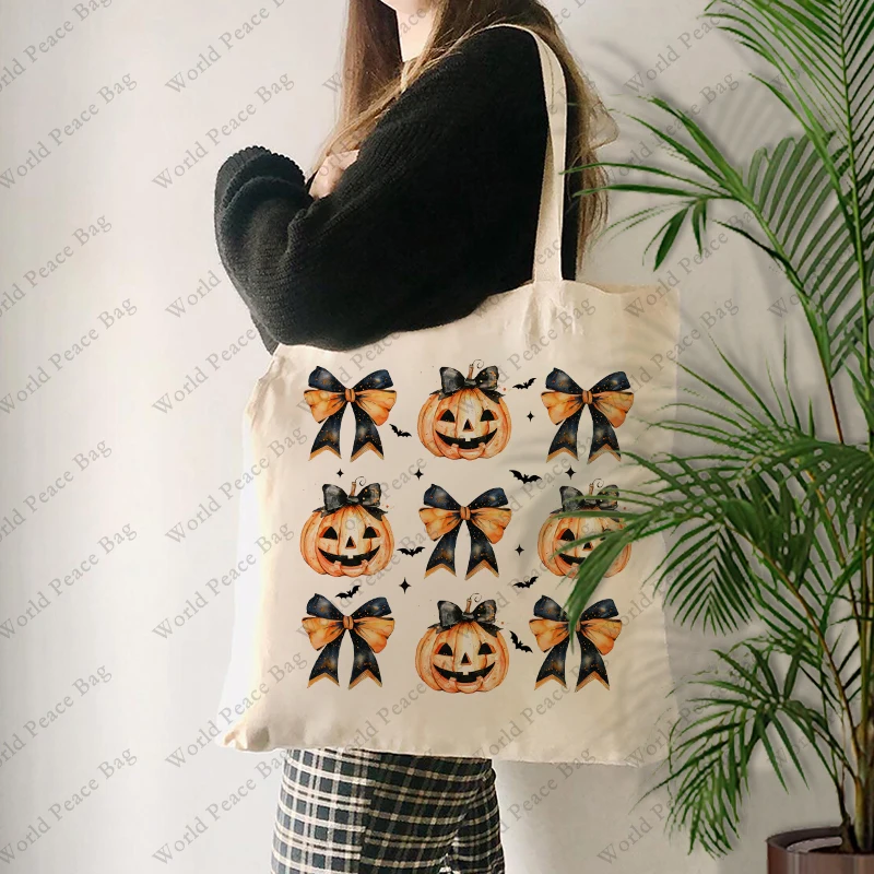 

1 pc Halloween Pumpkin Coquette Bow Halloween patternTote Bag Canvas Shoulder Bag For Travel Daily Commute Women's Reusable