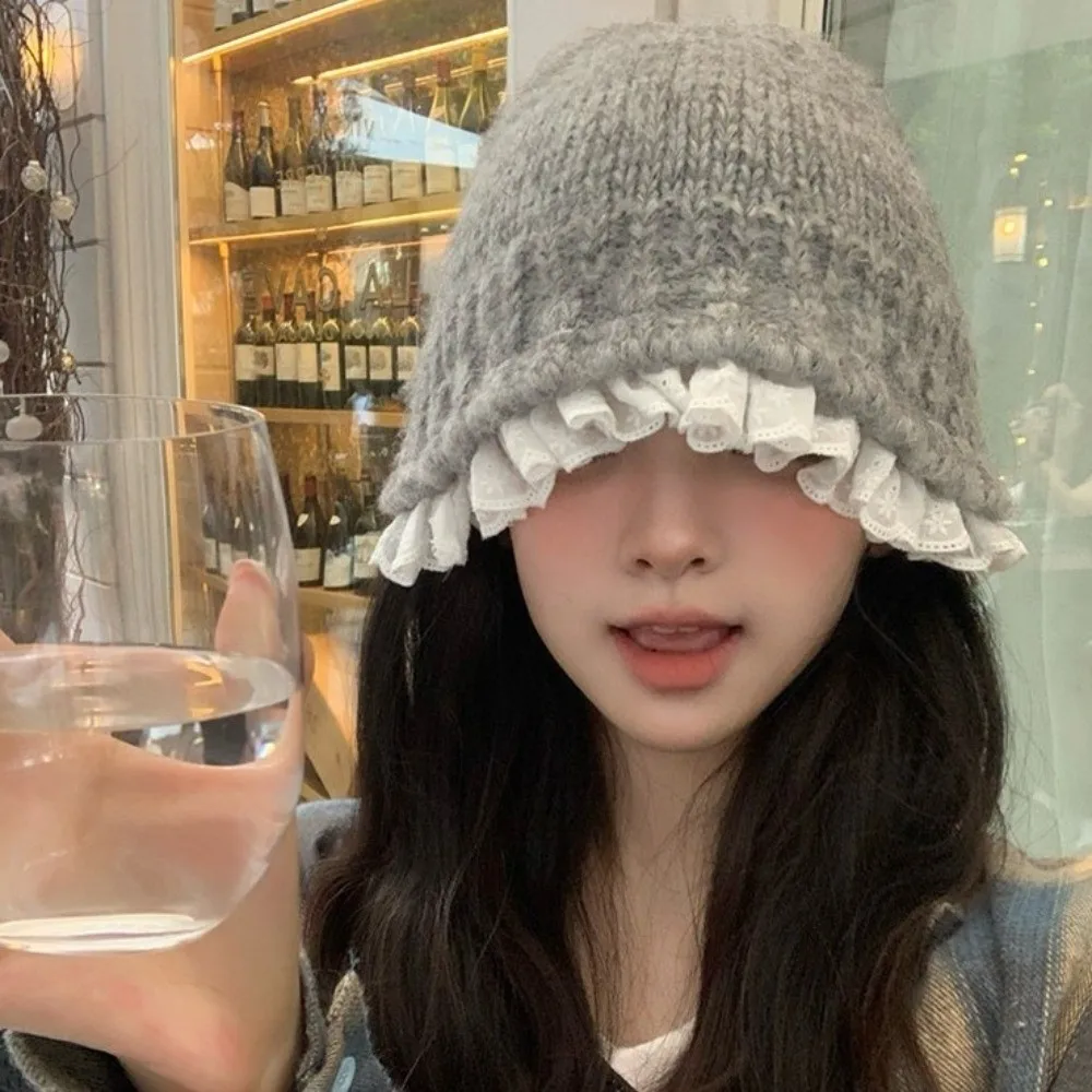 الرجعية الدانتيل تقليم محبوك قبعة صياد بلون الغزل المرأة قبعة بحافة محيط الرأس الكبير الكورية نمط قبعة صغيرة في الهواء الطلق #3