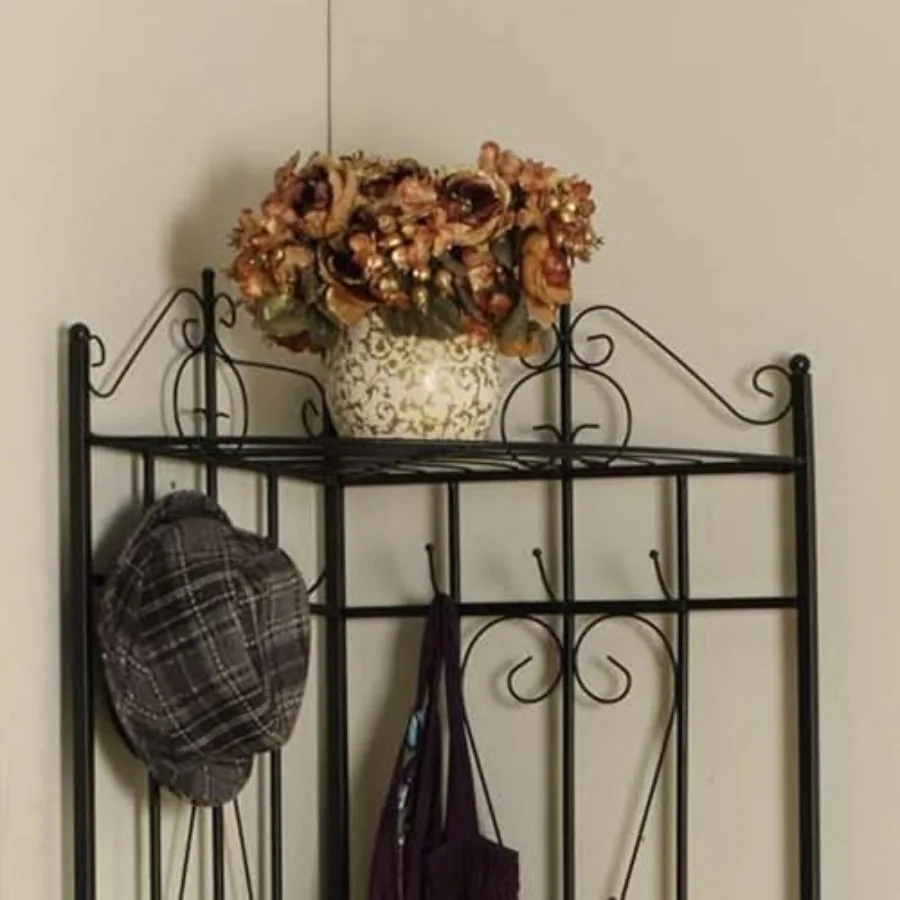Entryway hallways: black metal corner rack with bench 6 hooks, durable steel construction, sleek matte black finish, space-savi