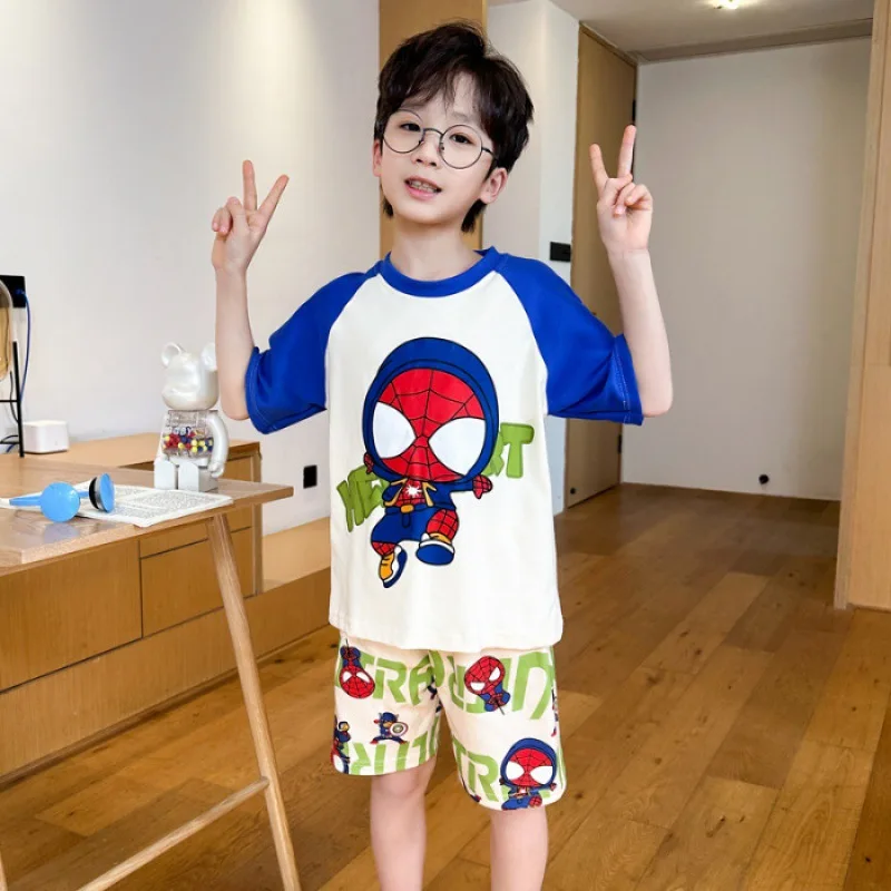 2024 Spiderman Boys' Pyjamas Pajamas Set New Summer Short-sleeved Thin Children's Girls Style Kids Home Clothing Set To Wear