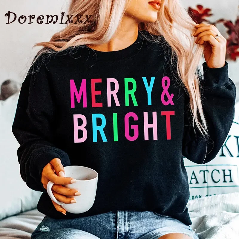 

Merry & Bright Women Sweatshirts Long Sleeve Christmas Pullover Hoodie Streetwear Winter Clothes Women Tops Moletom Feminino