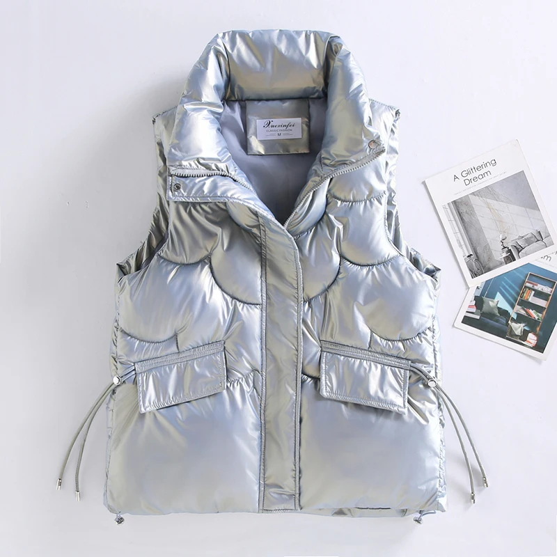 

Shiny wash-free women's 2022 autumn winter vest Glossy bright waistcoat student Korean loose vest stand collar jacket