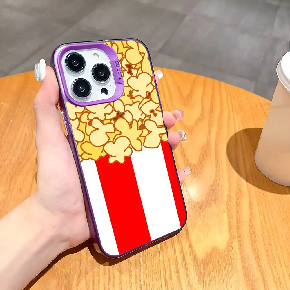 Funny Popcorn Cute Phone Case For iPhone 16 15 14 13 12 11 Pro Max White Purple Matte Laser Metallic Aurora Funda