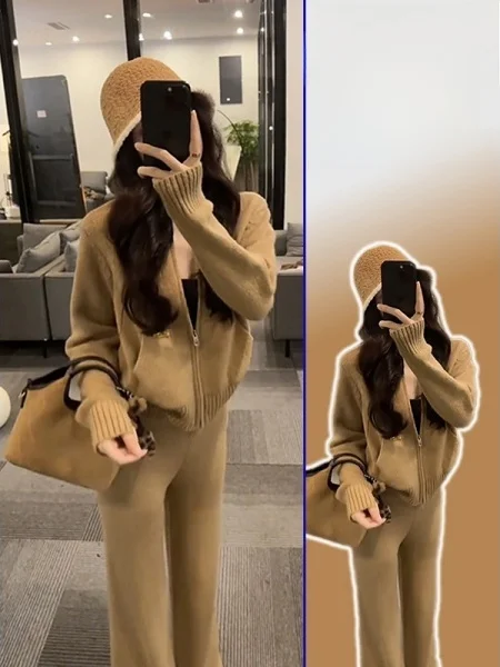 

Spring Autumn Lazy Sle Casual Knitted plus Size Fat MM Design Sense Double Zipper ort Sweater Wide Leg Pants Set