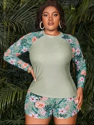 Plus Size Swimwear 2025 Women Long Sleeve Swimsuit Two-Piece Swimming Suit Bikini Shorts Beachwear Bathing Suit Rash Guards