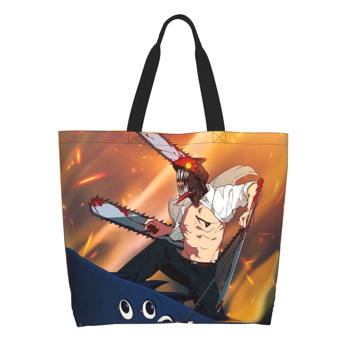 Shark And Denji Chainsaw Man Anime Shopping Tote Bag Canvas Large Capacity Shoulder Bags Shopper Grocery Handbag for Women