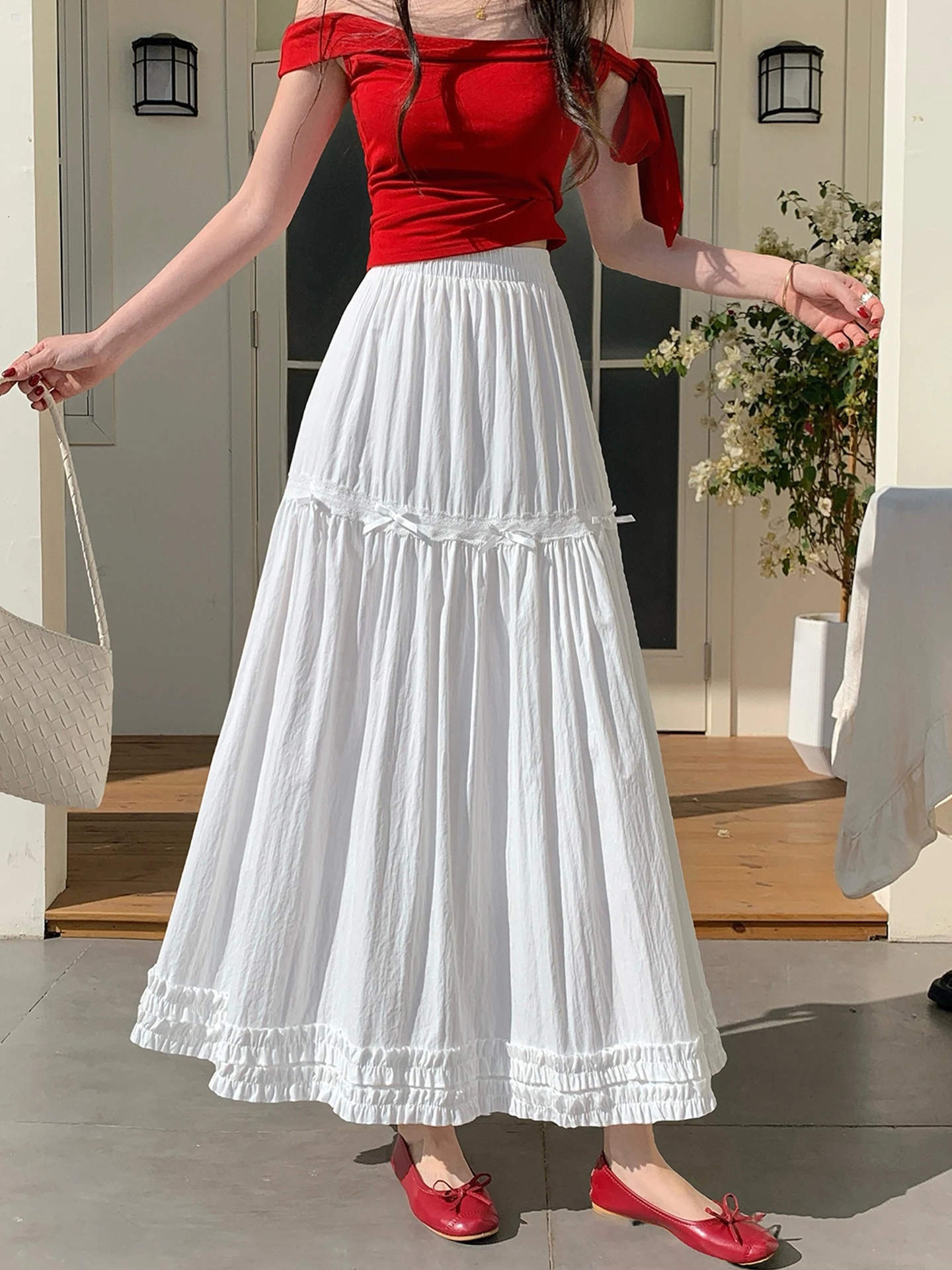 

Emily Clud Recommended White A-Line Midi Skirt with Wood ain for Women Spring Summer Casual High Waist Long Skirt