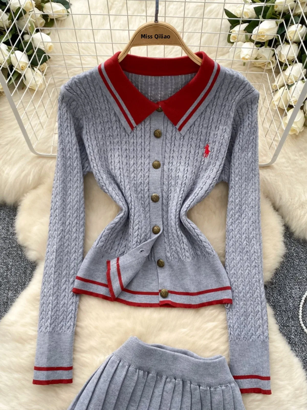 

Retro Color Blo Ne Long Sve Single Button Knitwear Women's Autumn Set Skirt Dr College Sle Faion