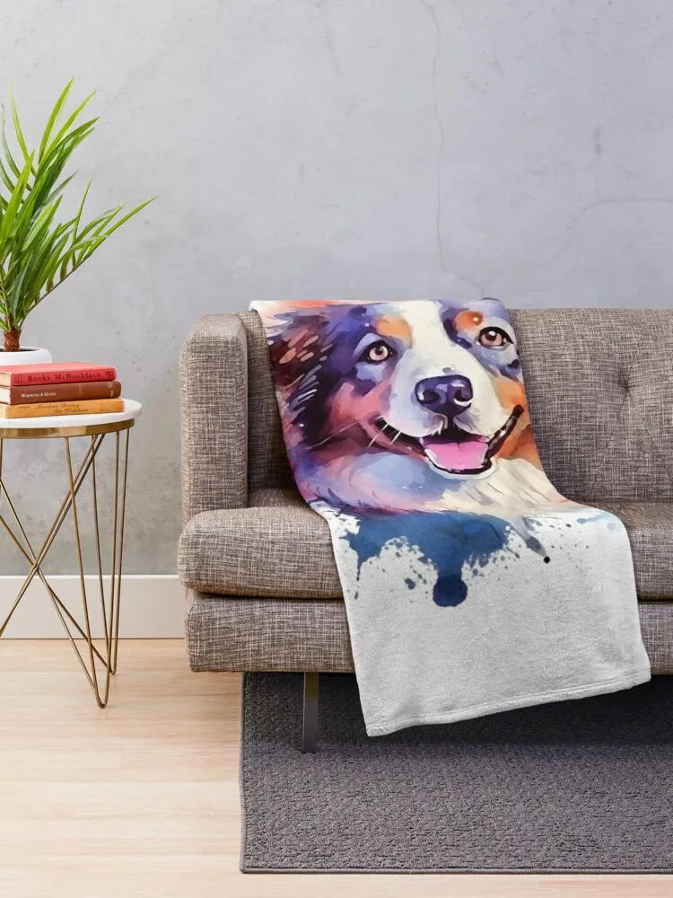 Border Collie Colorful Watercolor Design #1 Throw Blanket Thin Picnic Blankets